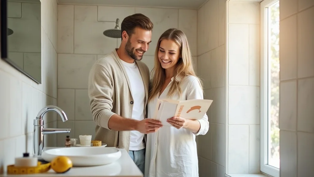 Bright, cheerful family bathroom with happy couple discussing budget-friendly bathroom remodeling tips