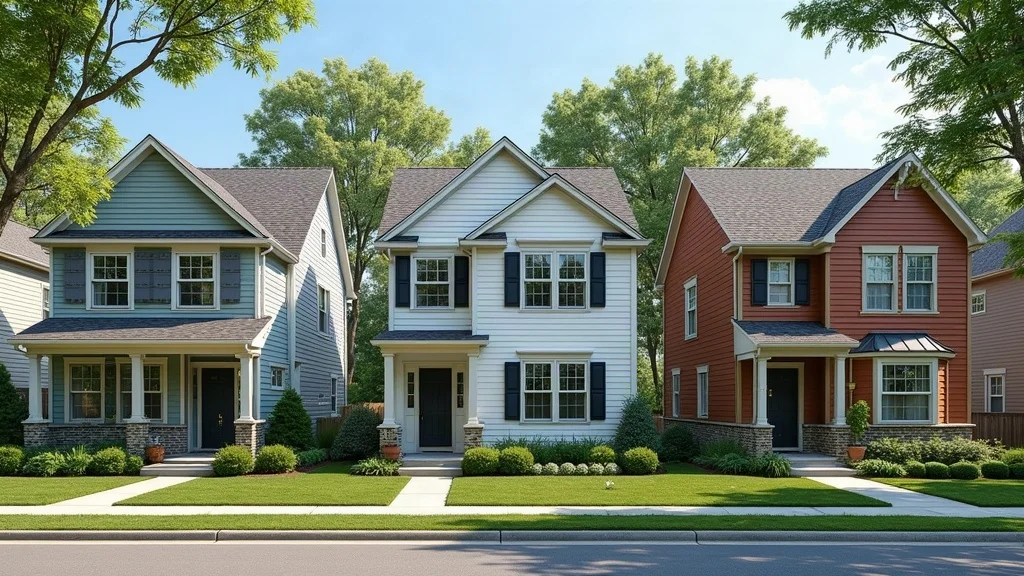 Three house facades illustrating vinyl siding, lap siding, and wood siding textures and colors for home exterior comparison