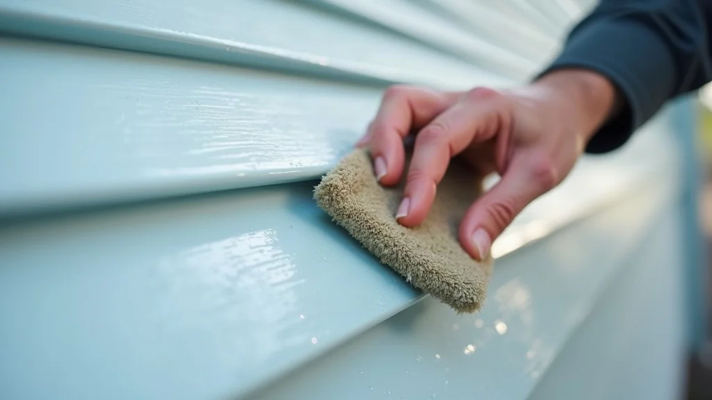 Close-up of hand cleaning smooth vinyl siding panel, featuring sparkling water droplets and visible texture - vinyl siding maintenance