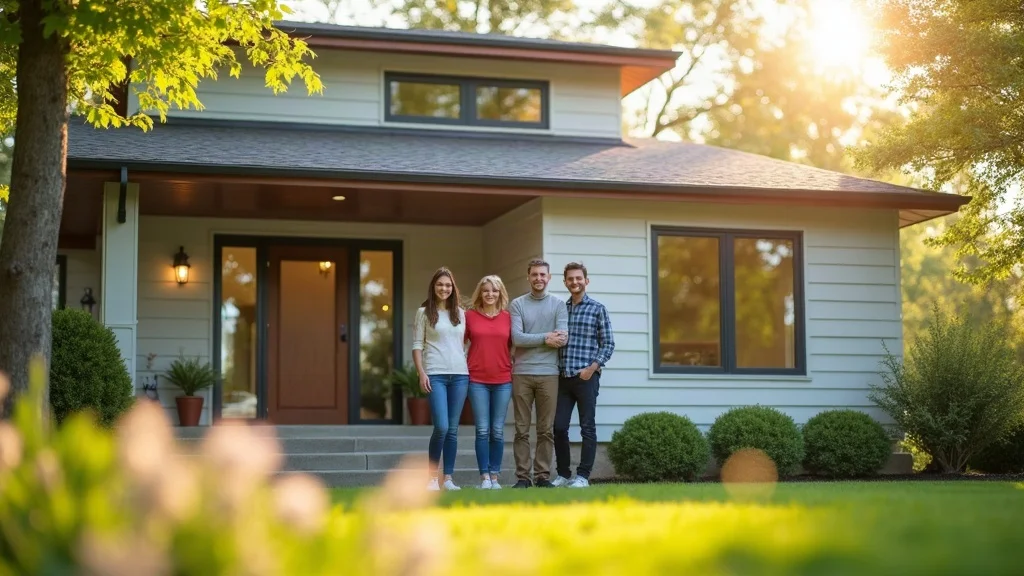 Inviting modern suburban home with newly installed vinyl siding featuring cheerful family and lush front yard, sunlight and blooming flowers - vinyl siding exterior