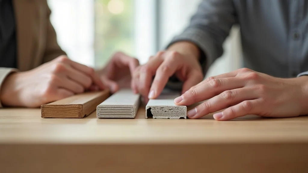 Comparison of four premium window materials — wood, fiberglass, vinyl, aluminum — by touch and texture in a showroom for how to choose premium window materials