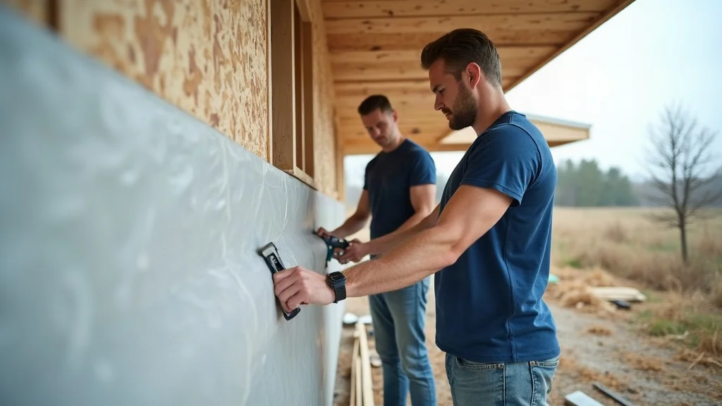 two workers unrolling house wrap over exterior wall in preparation for vinyl siding installation