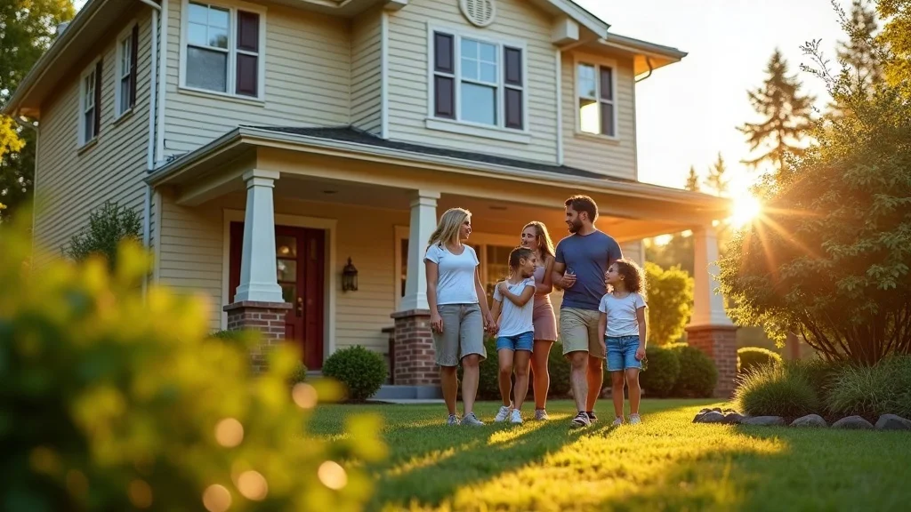 family admiring flawless new vinyl siding and freshly landscaped exterior home in golden sunlight